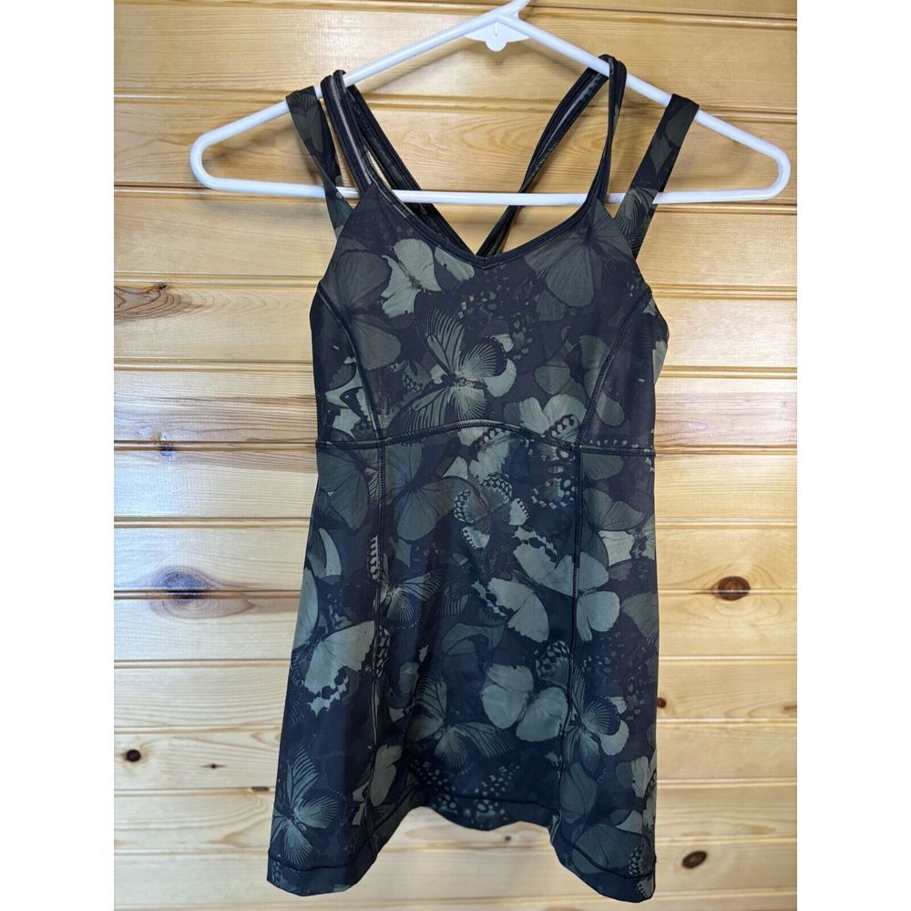 Lululemon Happy Strappy Tank Biggie‎ So Fly Butterfly Fatigue Green Black Size 2